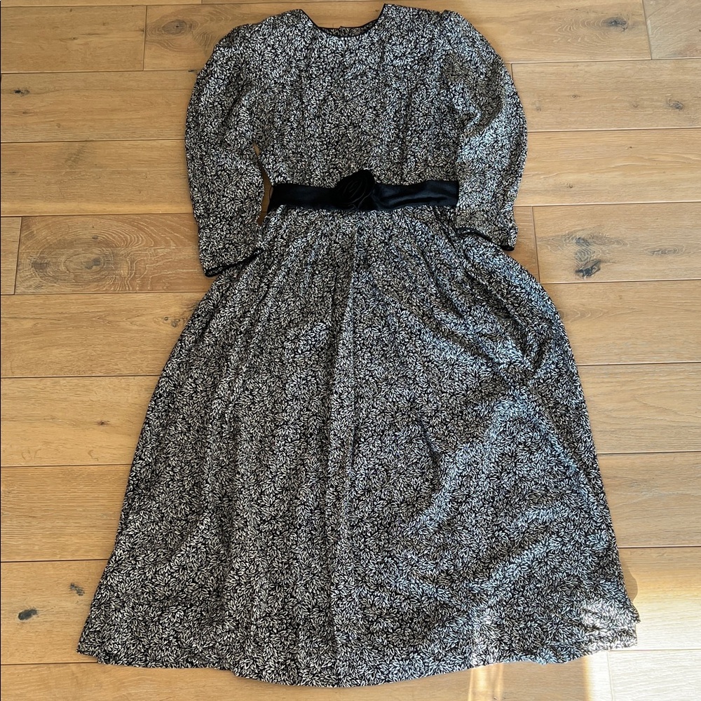 Vintage Lantz Belted Rosette Elegant Black and White Floral Dress